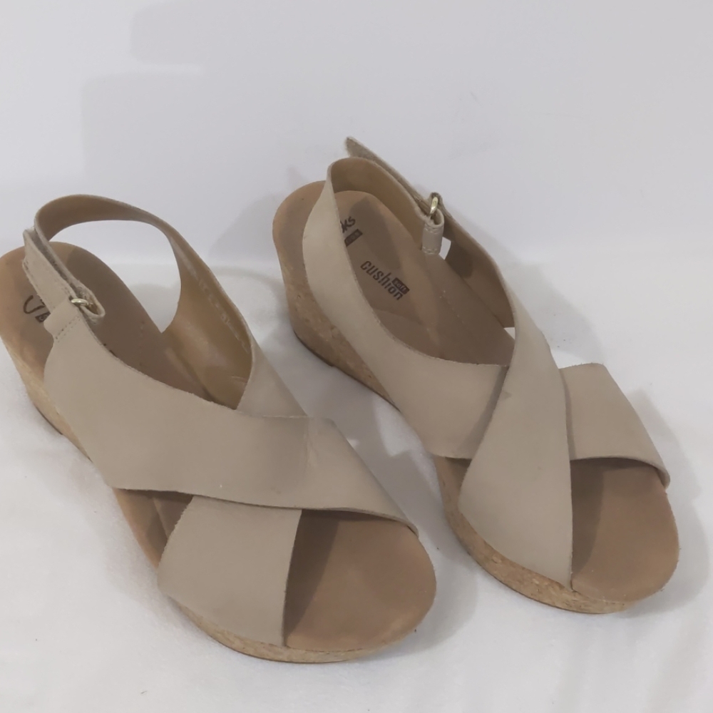 Clarks Beige Cross-Strap Wedge Sandals